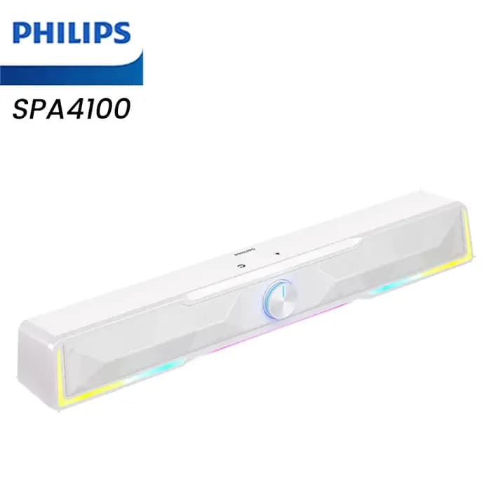 Barre de son sans fil PHILIPS SPA4100 avec haut-parleurs filaires, boutons de commande, quatre unité