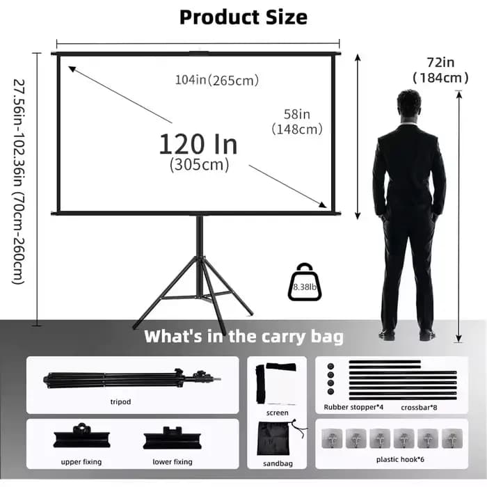 Écran de projection 120' avec support simple - 4K HD 16:9, utilisable en intérieur/extérieur pour le