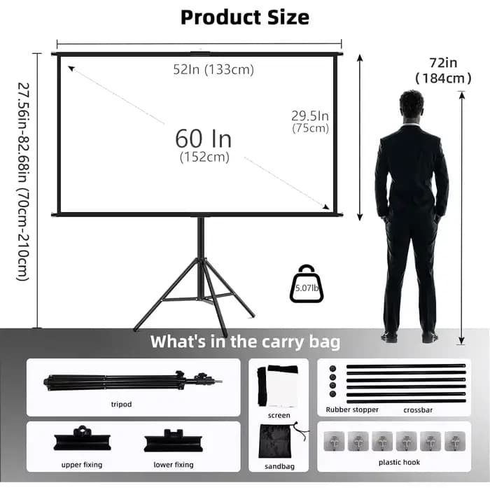 VEIDADZ écran de projecteur avec support pliable blanc sans plis 60-120 pouces 16:9 écran avec sac p