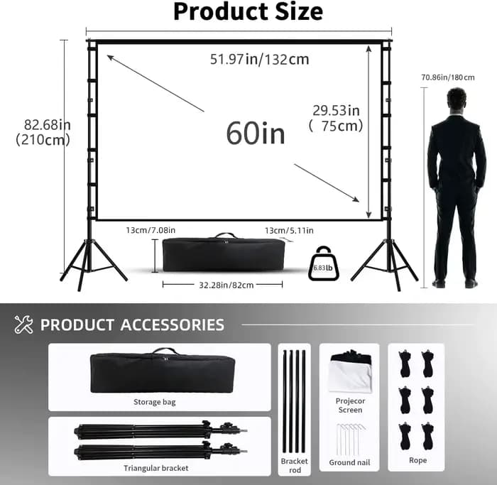 Écran de projecteur VEIDADZ avec support blanc sans plis 160 °   Angle de vision 60-150 pouces, écra