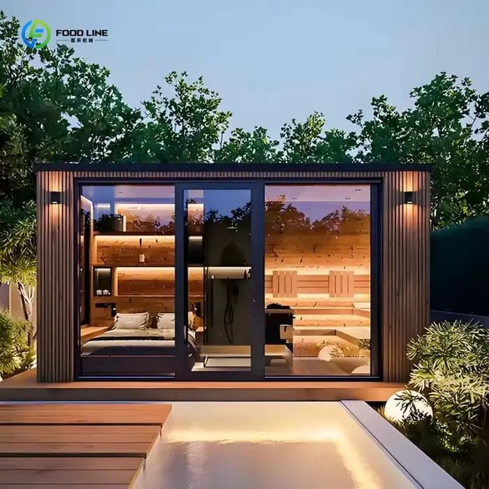 Centre de sauna extérieur multi-espaces commercial, sauna de jardin toutes saisons avec douche compl