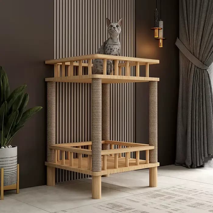 Arbre à chat pour chats d'intérieur, structure d'escalade en bois de pin massif, poteau à gratter en