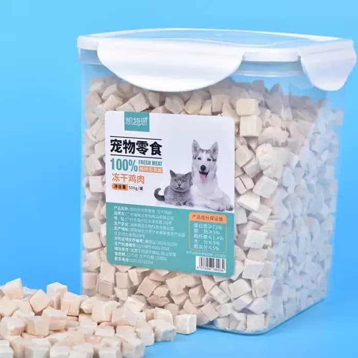 Collation lyophilisée pour chat, baril de Grain de poulet, collation pour chien, petite viande séchée, bande nutritionnelle pour cheveux, nourriture pour chat