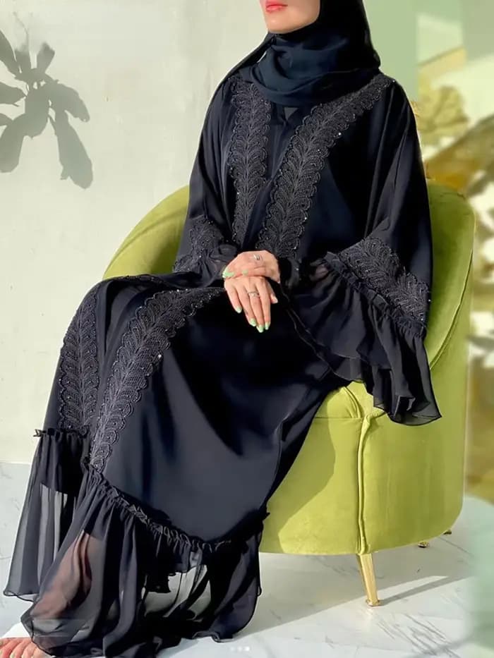 Abayas noires musulmanes avec ceinture pour femmes, Djellaba marocaine, Dubaï, manches évasées brodées, dentelle, Eid, Islam