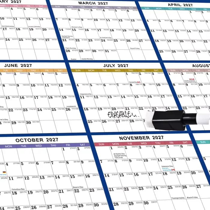 Calendrier annuel 2027 extra large 23x35 pouces, papier épais de qualité supérieure, design suspendu robuste et effaçable, pour chambre à coucher et salon
