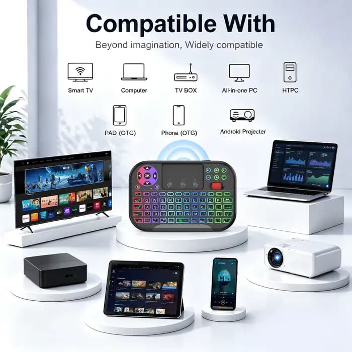 Clavier sans fil MRSVI 2.4G+BT avec rétroéclairage 8 couleurs, pavé tactile à molette de défilement et souris aérienne pour Smart TV/PC/Projecteur