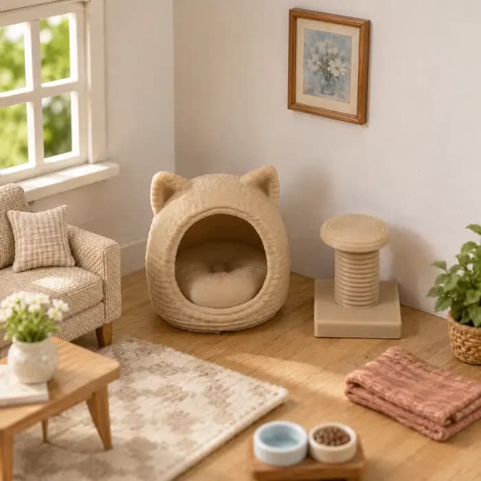 Ensemble de 2 lits miniatures pour chats, modèle arbre à chat - parfait pour les amateurs de miniatures et un cadeau créatif pour les amoureux des chats.