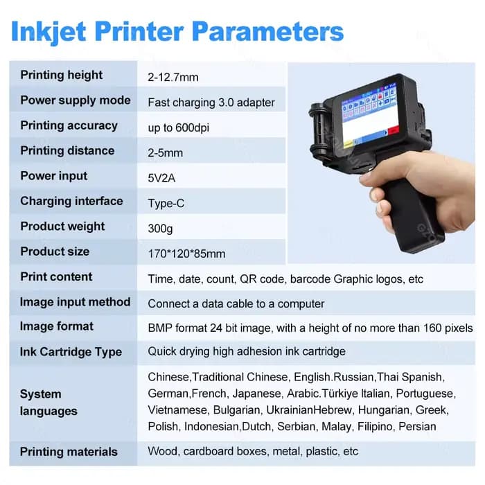Pistolet d'imprimante à jet d'encre portatif, petit Portable avec écran tactile HD LED 4.3 pouces avec cartouche 0/1/2 pièces 12.7mm pour code à barres QR Code
