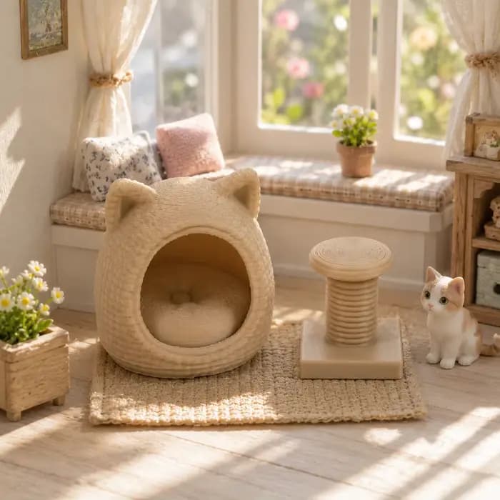 Ensemble de 2 lits miniatures pour chats, modèle arbre à chat - parfait pour les amateurs de miniatures et un cadeau créatif pour les amoureux des chats.
