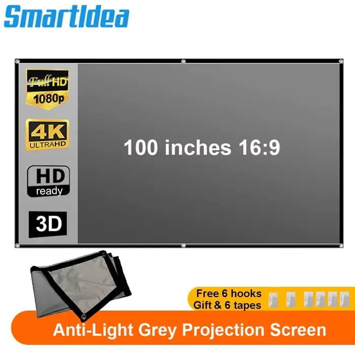 Smartldea écran de projecteur 100 pouces 16:9 gris Anti-lumière Portable bordure noire avec trous