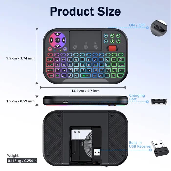 Clavier sans fil MRSVI 2.4G+BT avec rétroéclairage 8 couleurs, pavé tactile à molette de défilement et souris aérienne pour Smart TV/PC/Projecteur