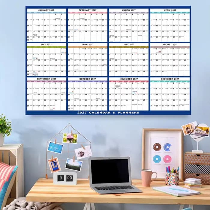 Calendrier annuel 2027 extra large 23x35 pouces, papier épais de qualité supérieure, design suspendu robuste et effaçable, pour chambre à coucher et salon
