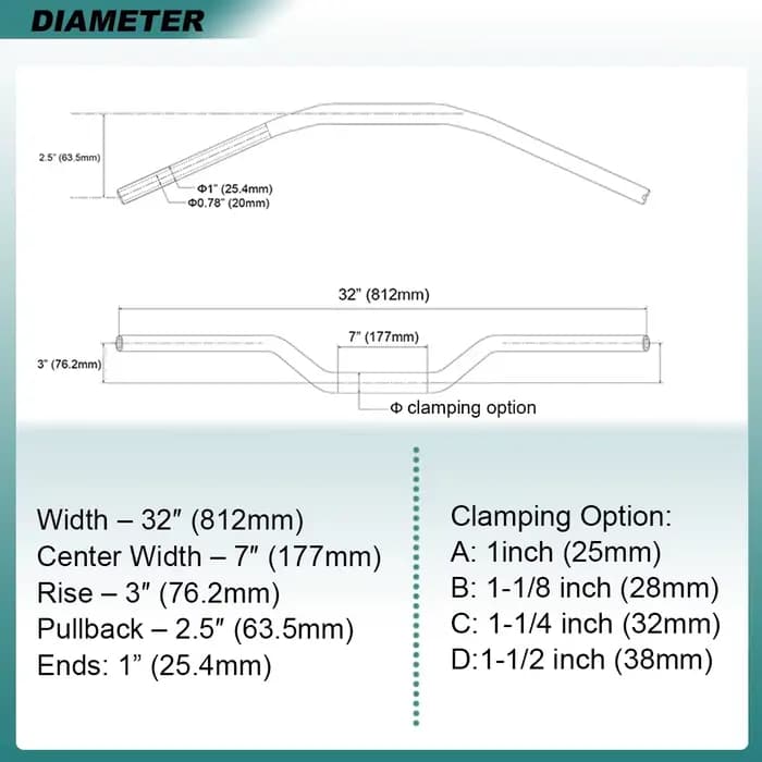 Barres de moto interdites de style club, guidon 1 ", 28mm, 32mm, 38mm, barre grasse pour Harley ocia Street Bob Low Rider S 7332"