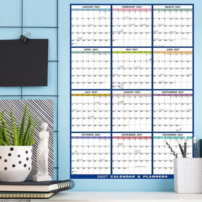 Calendrier annuel 2027 extra large 23x35 pouces, papier épais de qualité supérieure, design suspendu robuste et effaçable, pour chambre à coucher et salon