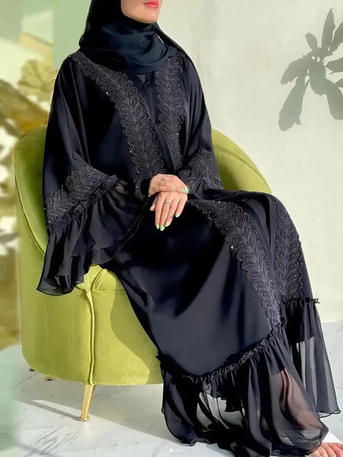 Abayas noires musulmanes avec ceinture pour femmes, Djellaba marocaine, Dubaï, manches évasées brodées, dentelle, Eid, Islam