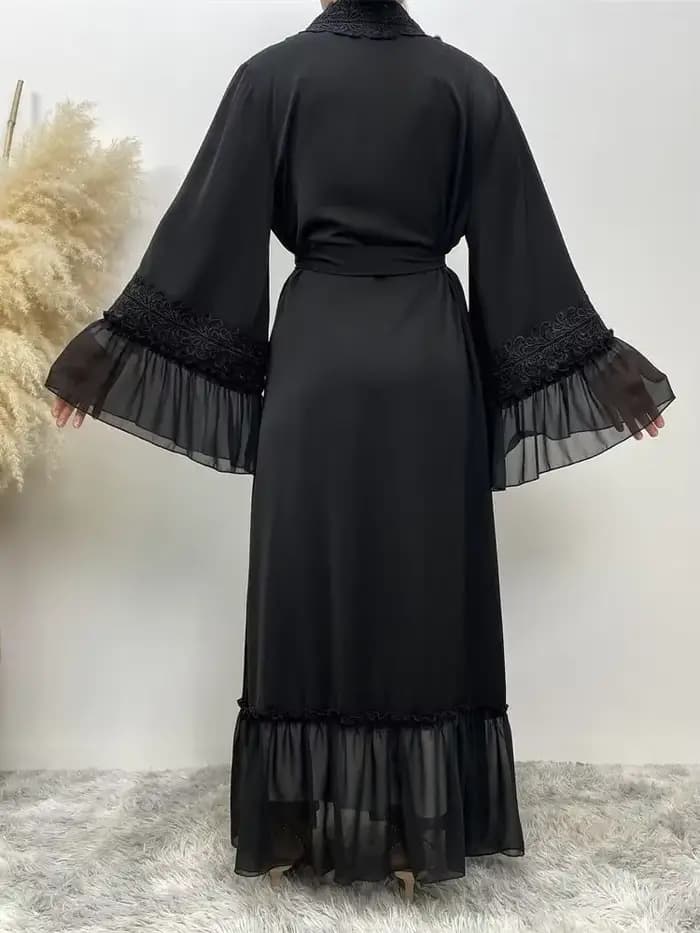 Abayas noires musulmanes avec ceinture pour femmes, Djellaba marocaine, Dubaï, manches évasées brodées, dentelle, Eid, Islam