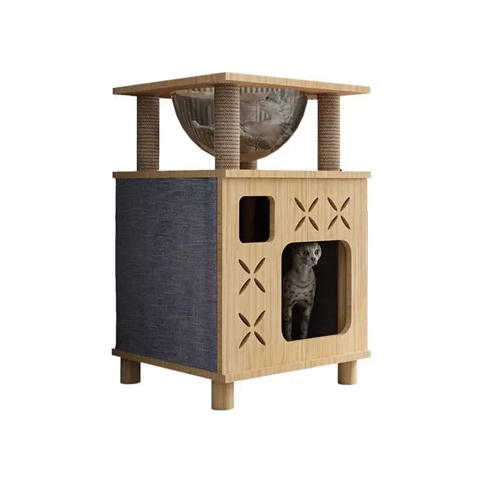 Arbre à chat pour chats d'intérieur, structure d'escalade en bois de pin massif, poteau à gratter en corde de sisal naturelle, mobilier pour chat peu encombrant