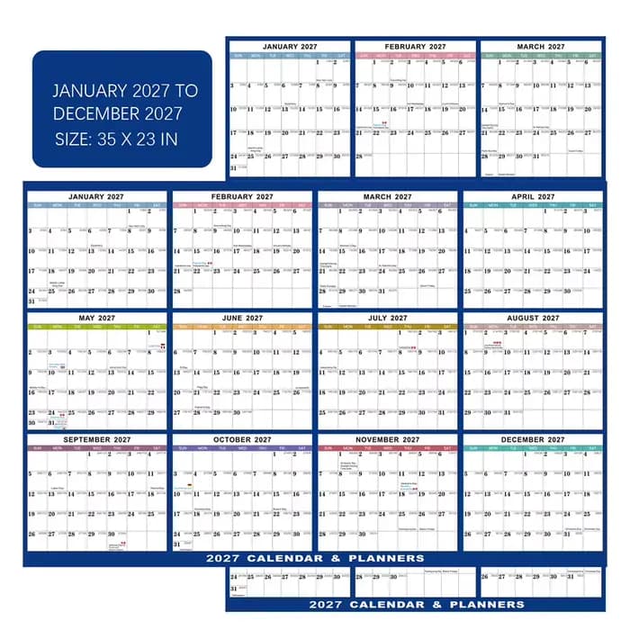 Calendrier annuel 2027 extra large 23x35 pouces, papier épais de qualité supérieure, design suspendu robuste et effaçable, pour chambre à coucher et salon