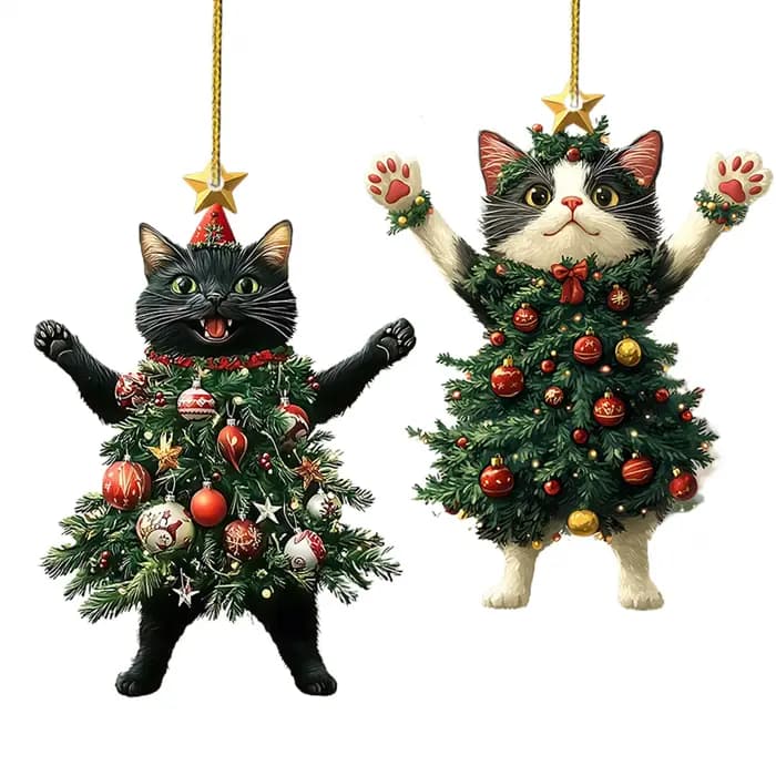 Arbre de noël chat DecorCat, ornements d'arbre de noël 2D plat en acrylique, Costume d'arbre de vacances, pendentif chaton, ornements suspendus