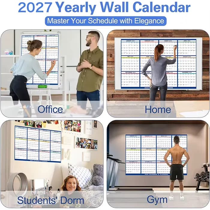 Calendrier annuel 2027 extra large 23x35 pouces, papier épais de qualité supérieure, design suspendu robuste et effaçable, pour chambre à coucher et salon