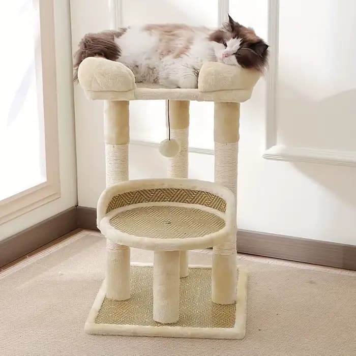 Arbre à chat de luxe à 2 niveaux avec postes à gratter en Sisal, tour à chat multi-niveaux avec perchoirs en peluche et jouets suspendus, activité durable