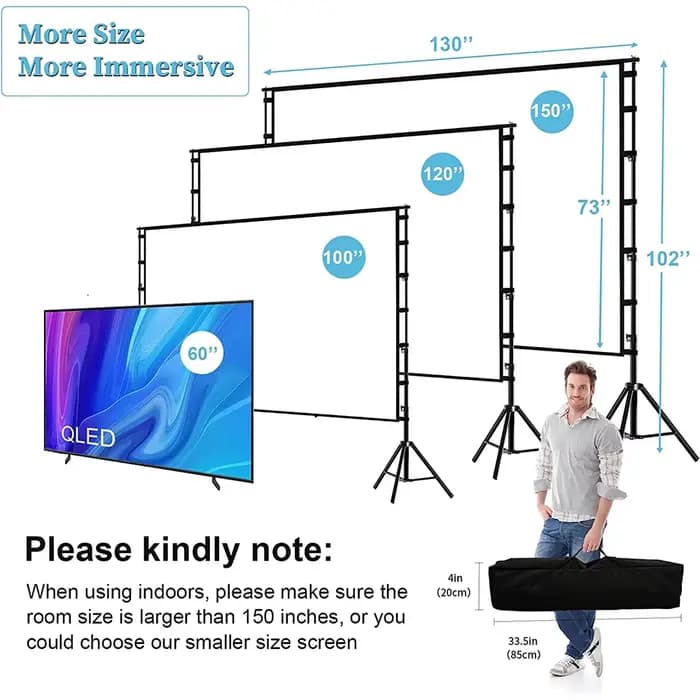Écran de projecteur VEIDADZ avec support blanc sans plis 160 ° Angle de vision 60-150 pouces