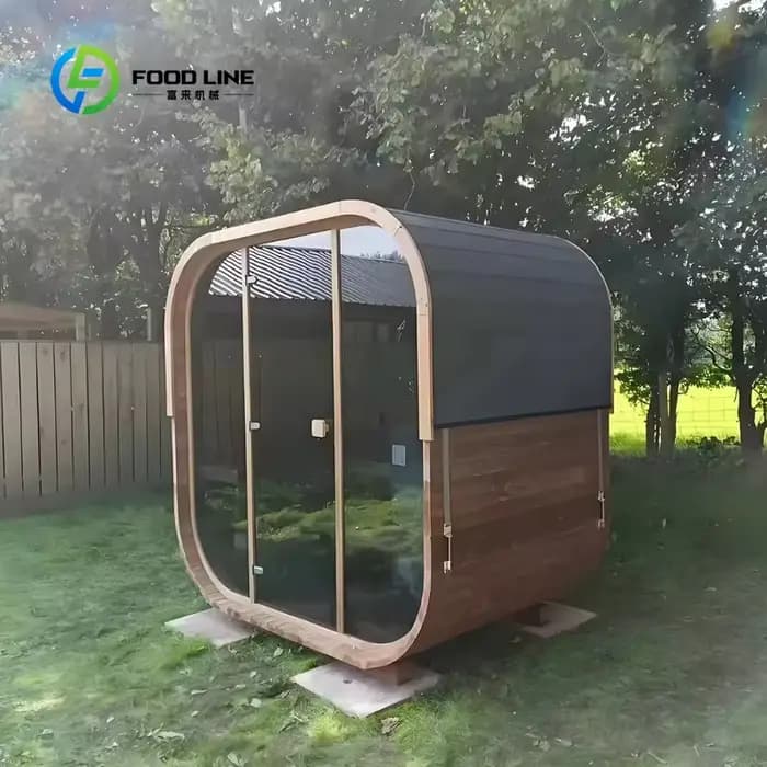 Sauna en bois sur mesure pour extérieur avec toit durable et bandes métalliques pour une expérience spa à domicile. Commande en gros pour économiser de l'argent.