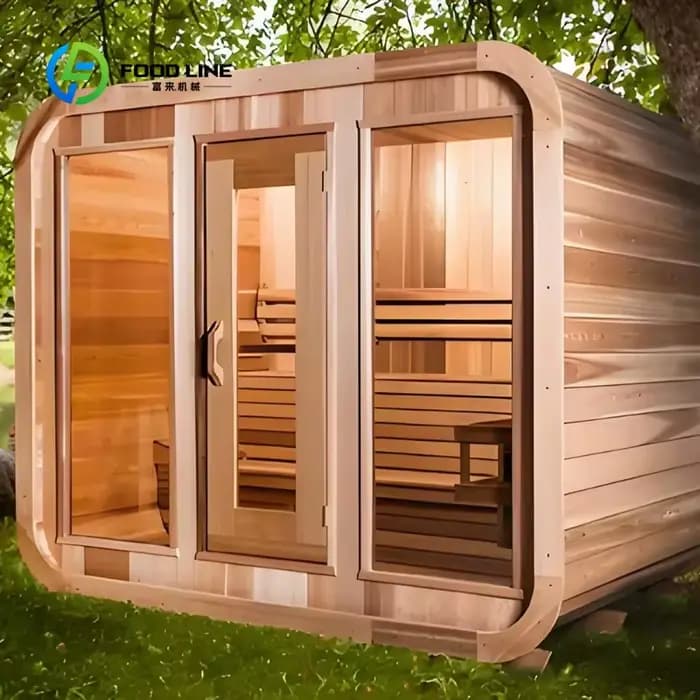 Sauna en bois sur mesure pour extérieur avec toit durable et bandes métalliques pour une expérience spa à domicile. Commande en gros pour économiser de l'argent.