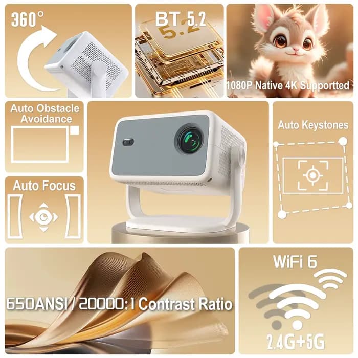 Projecteur Velec Compatible avec Netflix 650ANSI Android 13 Portable 4K natif Wifi6 BT5.2 1080P TP350 Correction automatique du Keystone