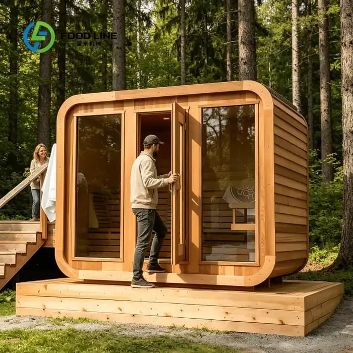 Sauna en bois sur mesure pour extérieur avec toit durable et bandes métalliques pour une expérience spa à domicile. Commande en gros pour économiser de l'argent.