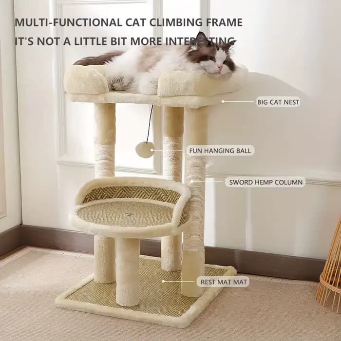 Arbre à chat de luxe à 2 niveaux avec postes à gratter en Sisal, tour à chat multi-niveaux avec perchoirs en peluche et jouets suspendus, activité durable