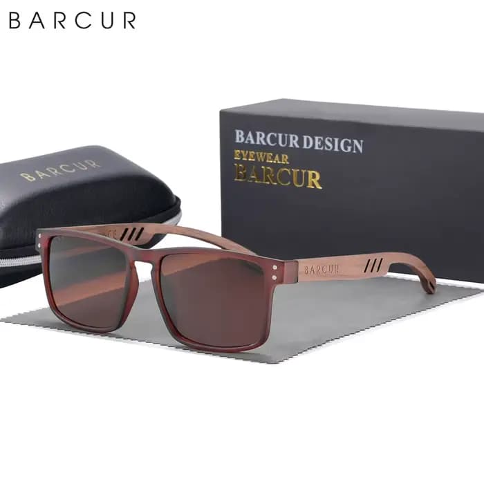 BARCUR-Lunettes de soleil polarisées en bois naturel pour hommes, design original, lunettes de soleil d'affaires, lunettes carrées, lunettes de marque de luxe