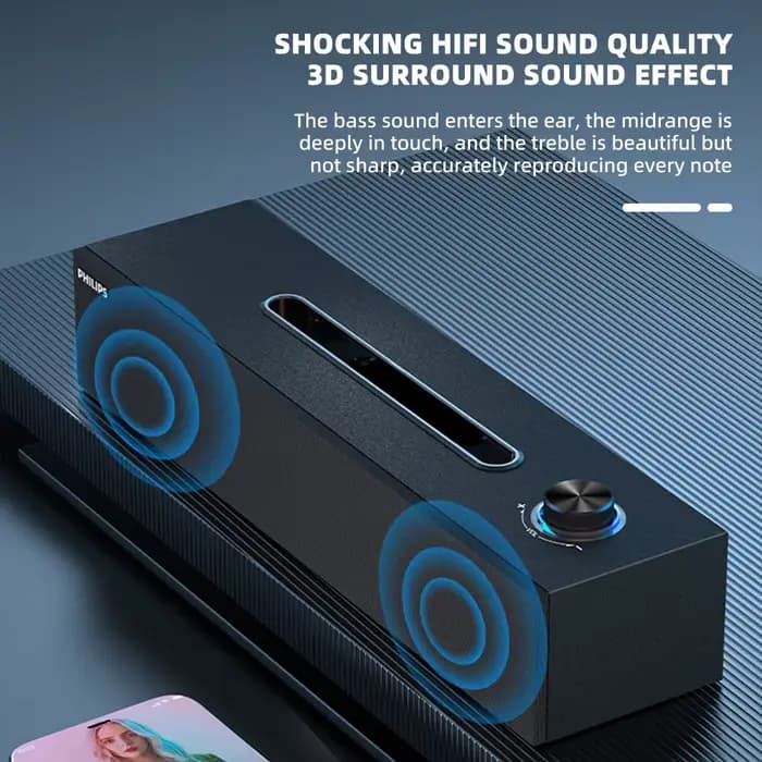 La barre de son Philips SPA 3808 comprend une conception simple de grain de bois