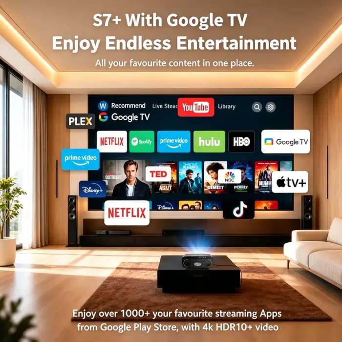 Projecteur Vidéo 4K UHD 4200 ANSI Android 14 Google TV Smart Home Cinéma WiFi6 TOF Auto Focus Double Haut-parleurs