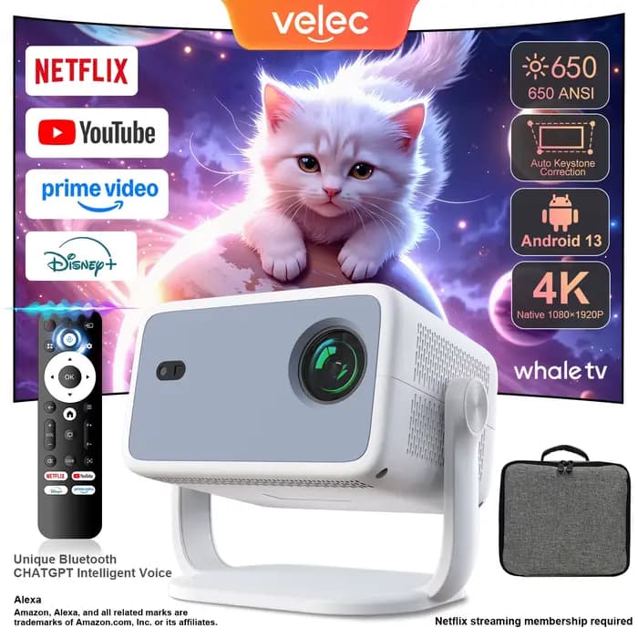 Projecteur Velec Compatible avec Netflix 650ANSI Android 13 Portable 4K natif Wifi6 BT5.2 1080P TP350 Correction automatique du Keystone