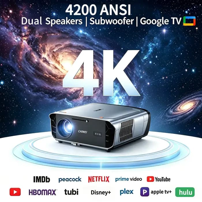 Projecteur Vidéo 4K UHD 4200 ANSI Android 14 Google TV Smart Home Cinéma WiFi6 TOF Auto Focus Double Haut-parleurs