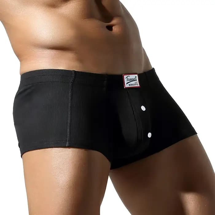 Sous-vêtements plats pour hommes, en coton synthétique, haute élasticité, rehaussés, avec décoration de boutons, coupe ajustée confortable, couleur unie.