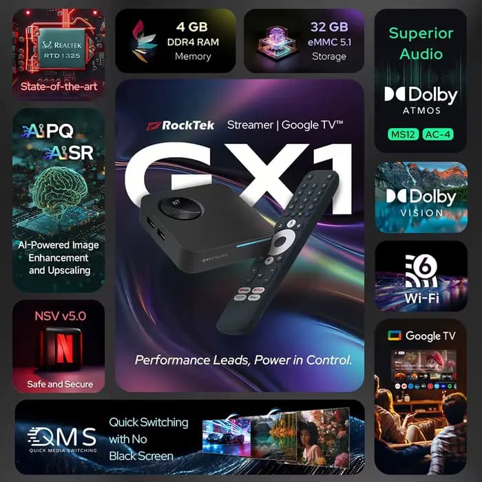 GX1 UHD Google TV 12 boîtier Realtek1325 A55 Edge AI prise en charge Dolby Atmos Vision 2T2R Android TV Box certifié