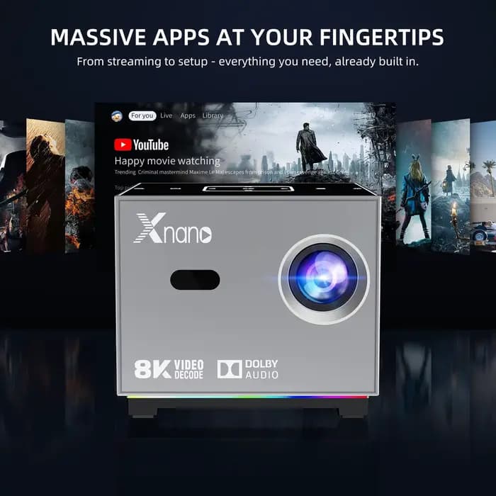 Xnano Portable Smart Projector Native 720P Support 8K Android9.0 190ANSI ARGB Lumière Double WiFi Projecteur de cinéma à domicile