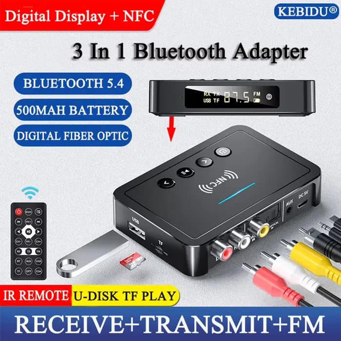 Adaptateur Audio NFC Bluetooth 5.4 FM stéréo AUX 3.5mm optique Coaxial TF/U-disque récepteur sans fil transmetteur pour haut-parleur de voiture TV