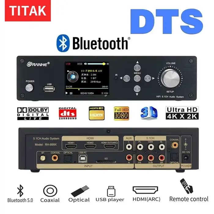 DTS – décodeur numérique 5.1, convertisseur Audio numérique-analogique, commutateur HDMI2.0 SPDIF Co