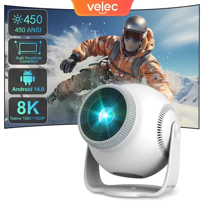 Projecteur Velec Android 14 8K décodage mise au point automatique 450 ANSI 720P TP360 nouveau projec