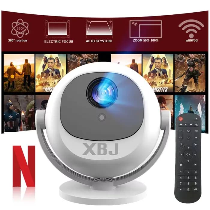 XBJ Mini projecteur de cinéma maison 4K, Android WiFi 6 BT 5.0 Auto Keystone 360 ° Projecteur vidé