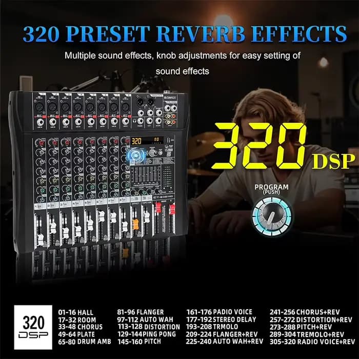 BOMGE Console de mixage audio professionnelle 8 canaux DJ 320 DSP Bluetooth USB Alimentation fantôme 48V Égaliseur 7 bandes Sortie REC Aux Karaoké