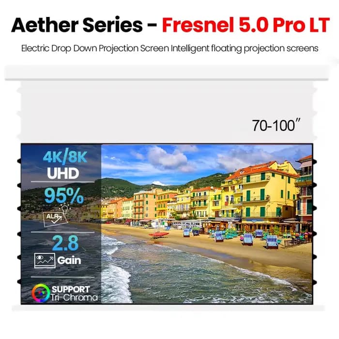 Écran de projection motorisé Aether Series 120 pouces Max Electric Fresnel 5.0 Pro LT avec coque blanche flottante