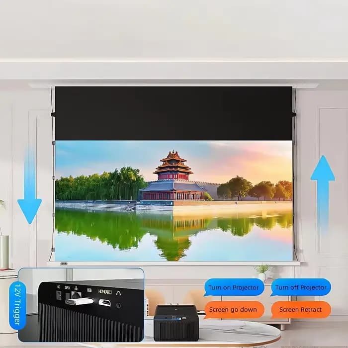 Écran de projection motorisé encastré au plafond MIVISION 8K à longue portée Fresnel ALR anti-lumière ambiante avec déclencheur USB