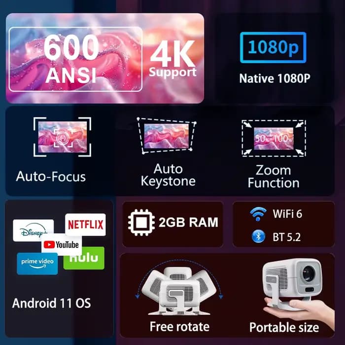 Huaweishi 4K projecteur Android natif Portable 1080P 600ANSI Auto FocusVideo home cinéma extérieur hd led Projetor