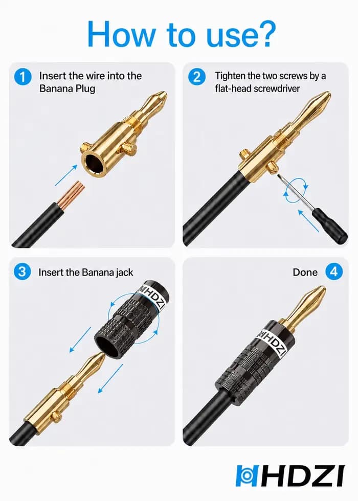 Prise banane 6 lames noire mate HHDZI plaquée or 24K antioxydante pour câblage amplificateur et enceinte audio HiFi domestique