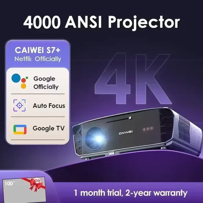 CAIWEI S7+ Projecteur Vidéo 4K Ultra HD 4000 ANSI Home Cinéma Android pour Films Mise au Point Automatique Smart TV Projecteurs de Faisceau pour Extérieur