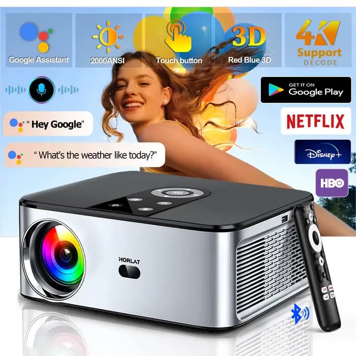 Projecteur 4K HORLAT T03 40000 Lumens Android 11 pour extérieur, Full HD 1080P, vidéo 8K 3D, audio,